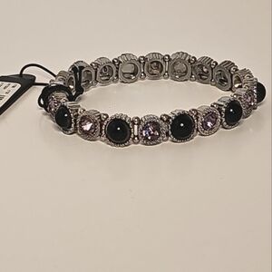 Silver Toned Black & Light Purple Round Stones Stretch Bracelet